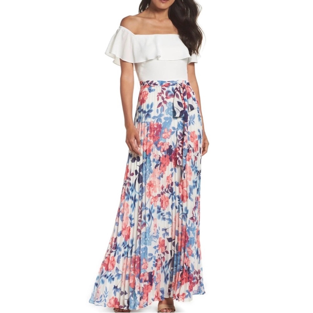 Eliza J White Blue Floral Ruffled Off the Shoulder Tie-Waist Maxi Dress Size 16
